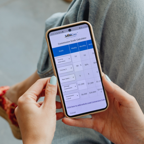 SAMCalc Commission Goals Calculator app shown on a phone