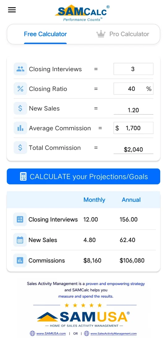 SAMCalc® Commission Goals Calculator app screen